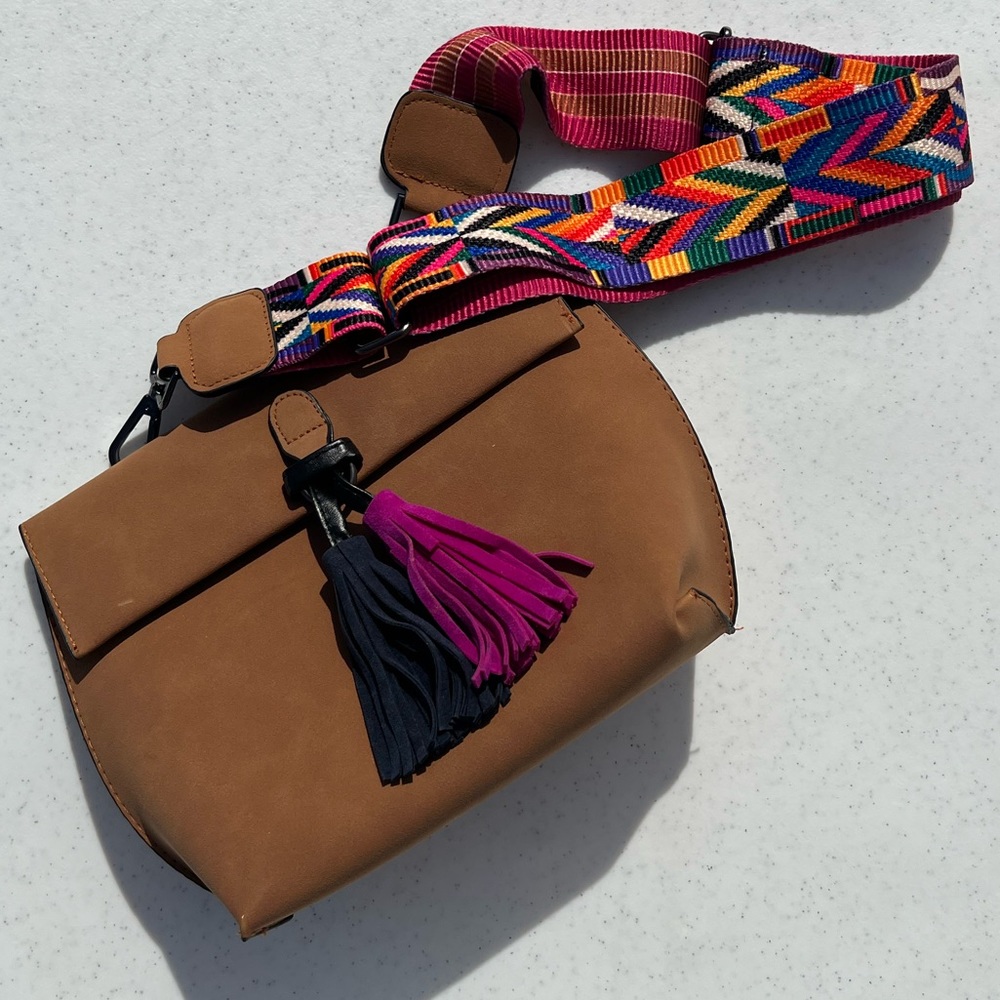 BUY ME! Tan faux suede purse with colorful strap and tassels